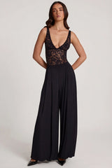 Soft Jersey Mid Rise Wide Leg Trousers in Black
