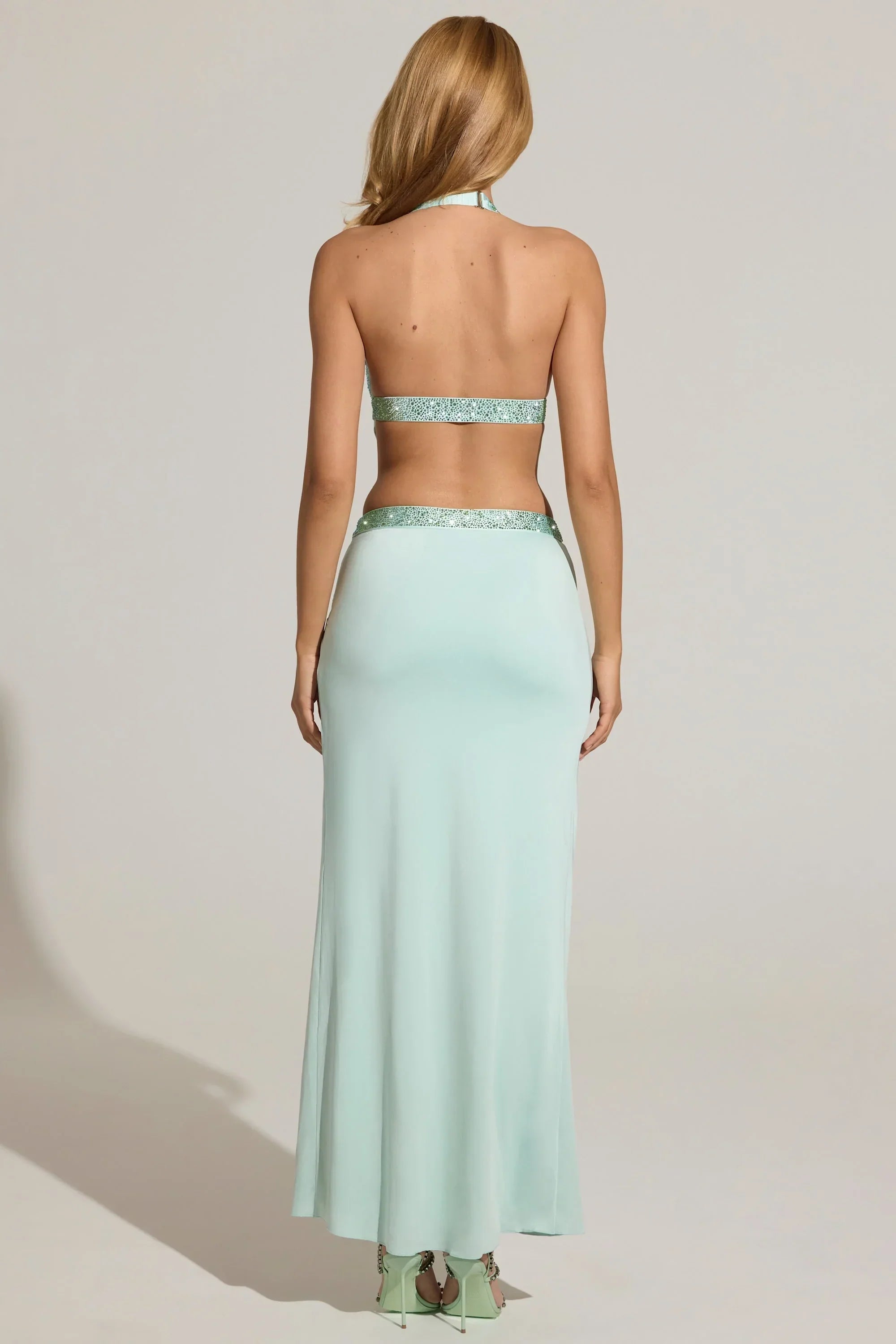 Embellished Low Rise Maxi Skirt in Aqua Blue