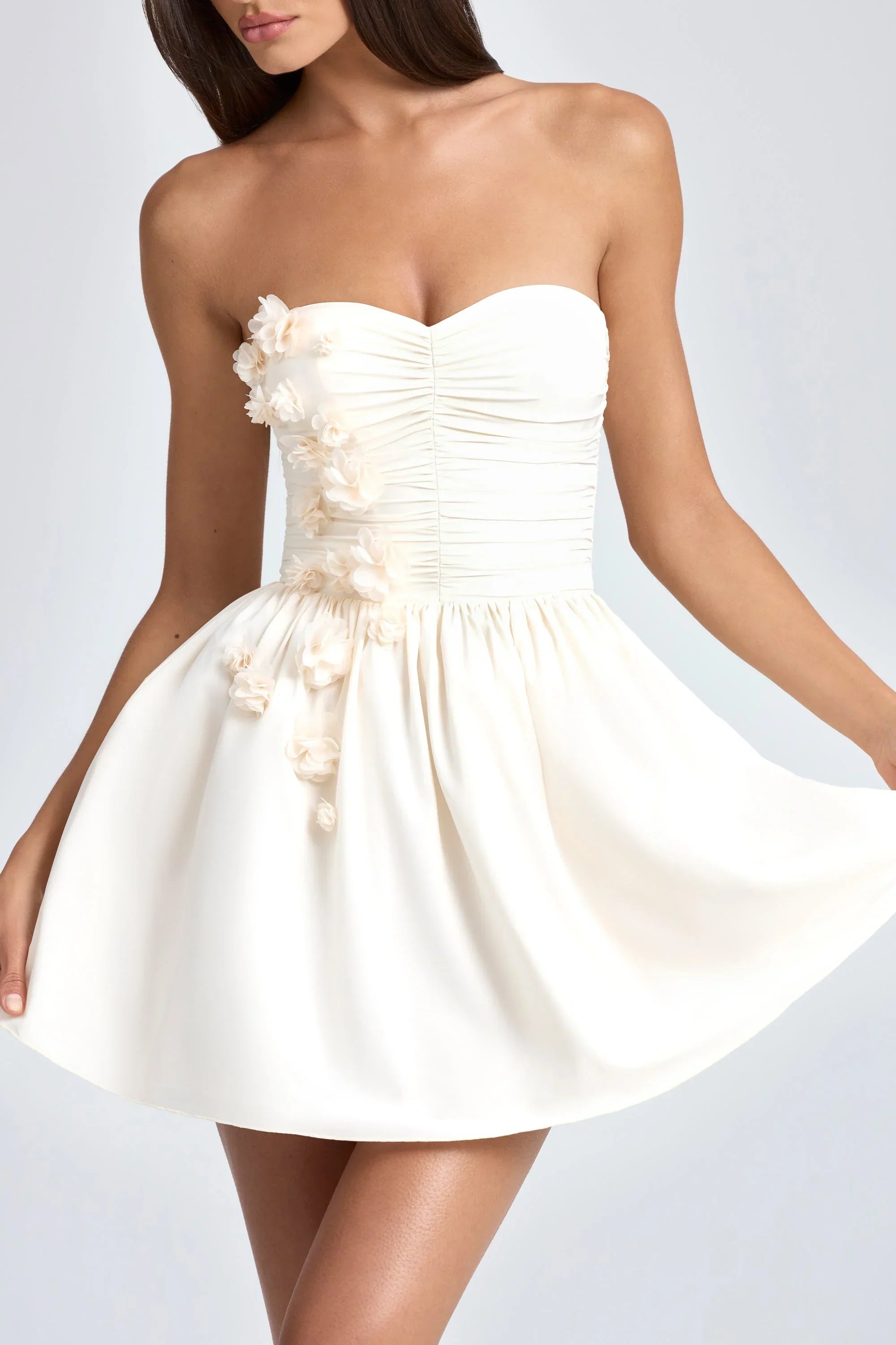 Bandeau Floral Appliqué Corset Mini Dress in Ivory