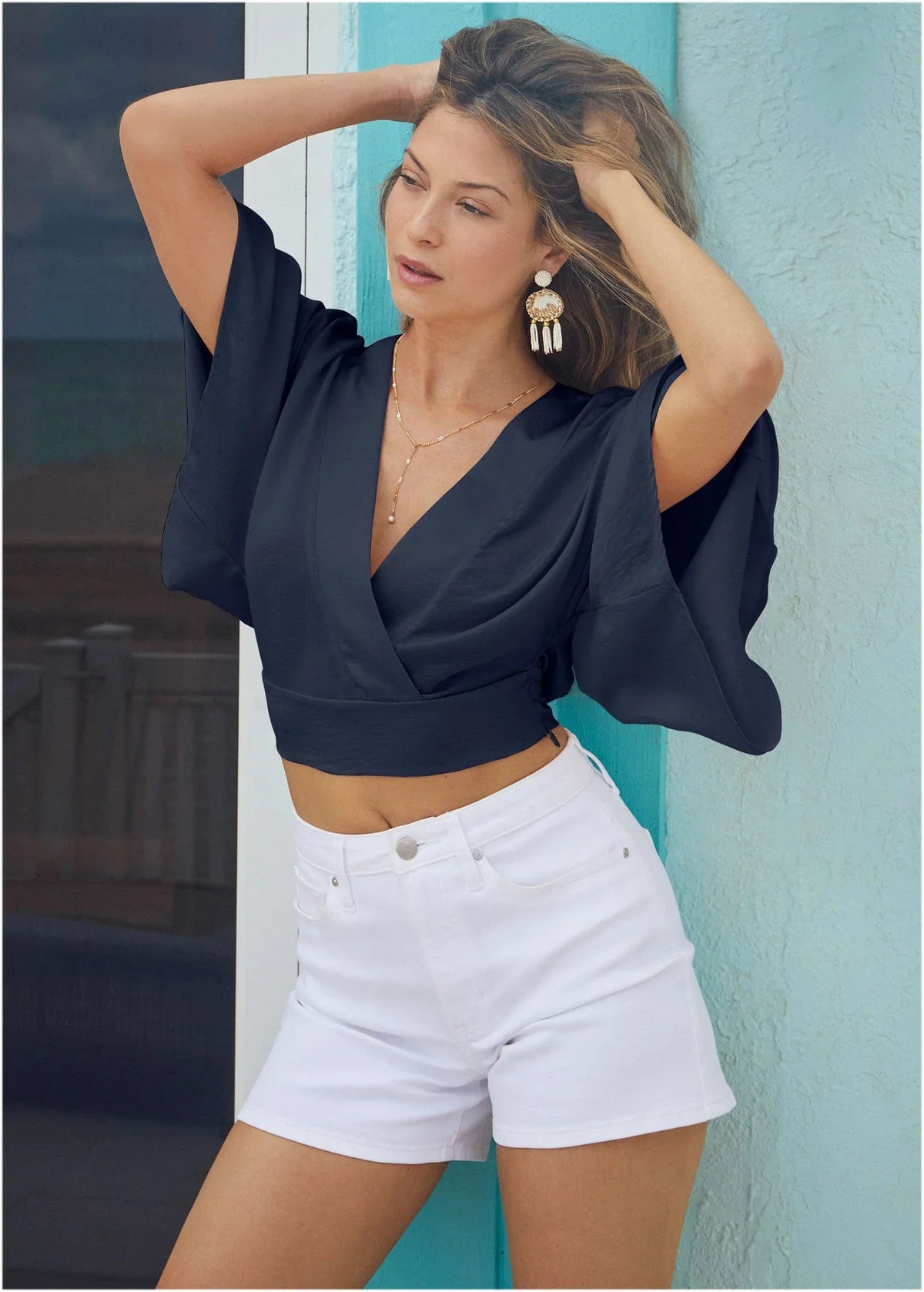 Kimono Sleeve Faux Wrap Top Navy
