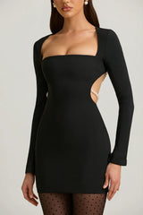 Pearl Detail Cut Out Mini Dress in Black