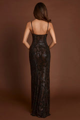 Embellished Peekaboo Cowl Neck Dress in Brown Snake