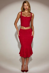 Lace Mid Rise Fluted Midi Skirt in True Red
