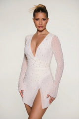 Embellished Wrap Over A Line Mini Dress in Ivory