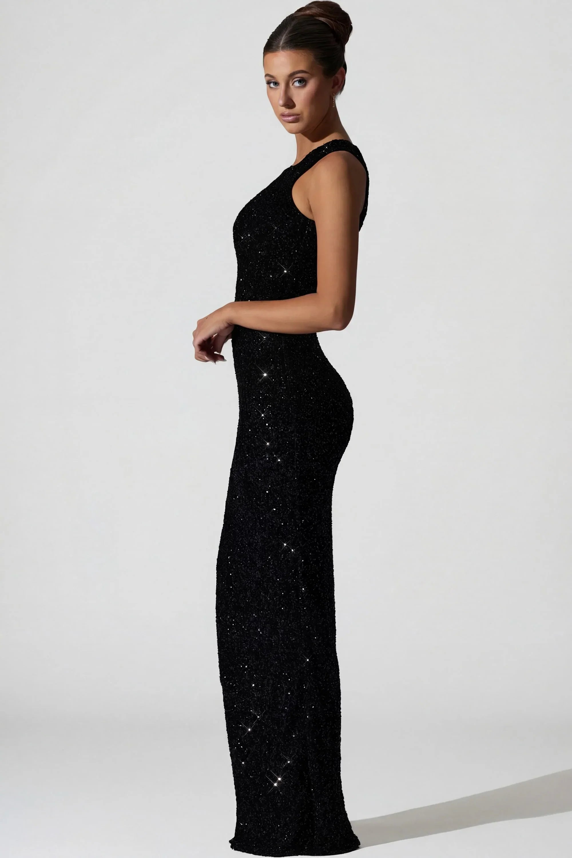 Embellished Asymmetric Cut Out Gown in Black