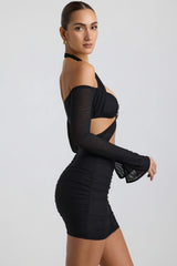 Off Shoulder Ruched Cut Out Mini Dress in Black