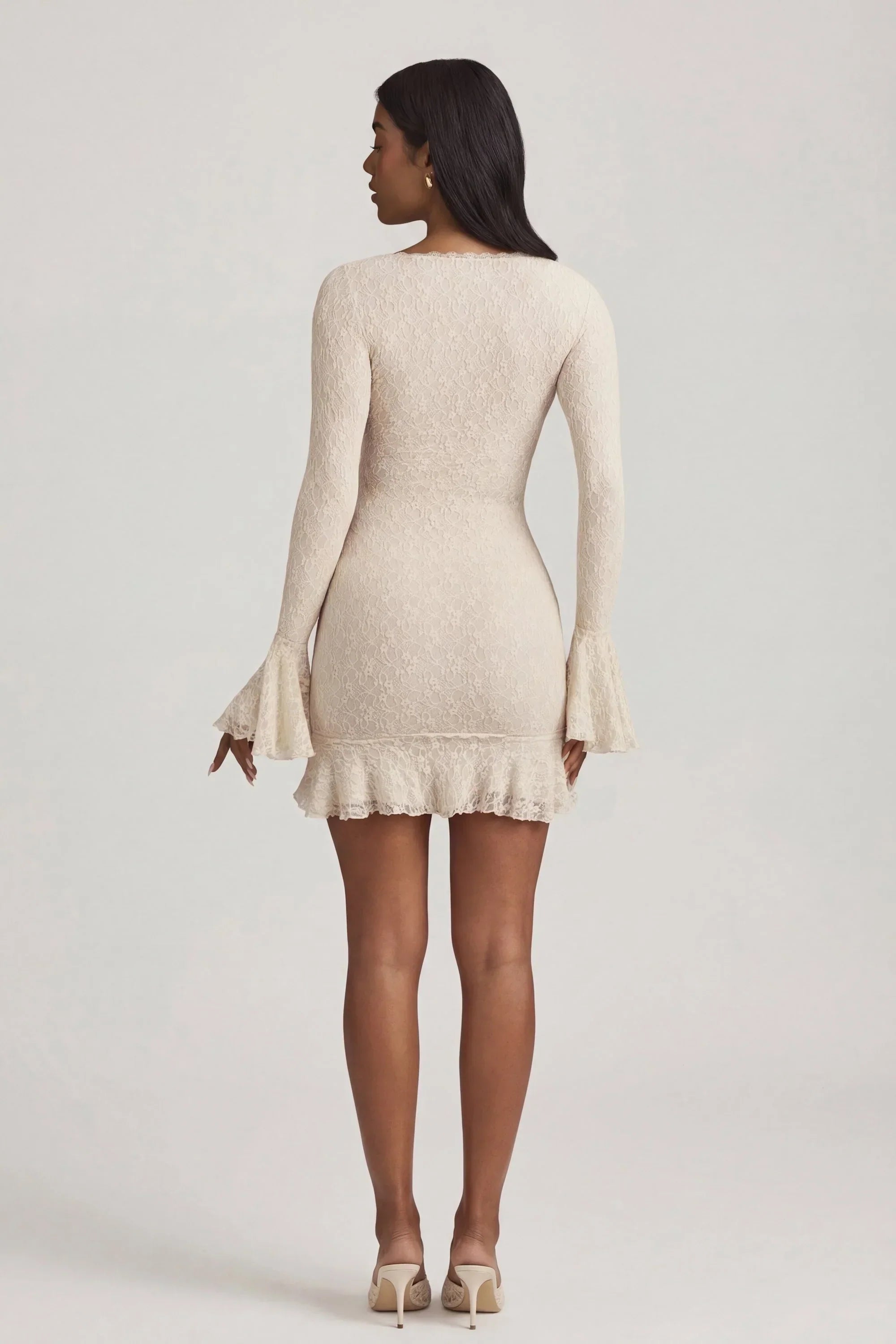 Long Sleeve Ruffled Lace Mini Dress in Ivory