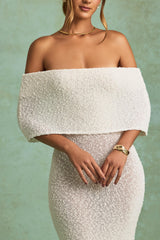 Bouclé Off Shoulder Maxi Dress in White