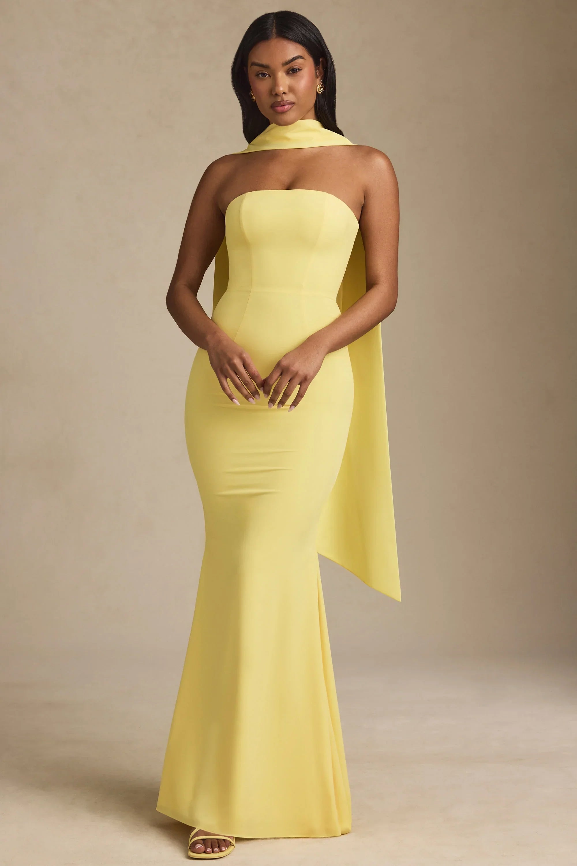 Scarf Detail Strapless Gown in Pastel Yellow