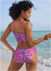 Smocked Bandeau Bikini Top Ditsy Pink Purple