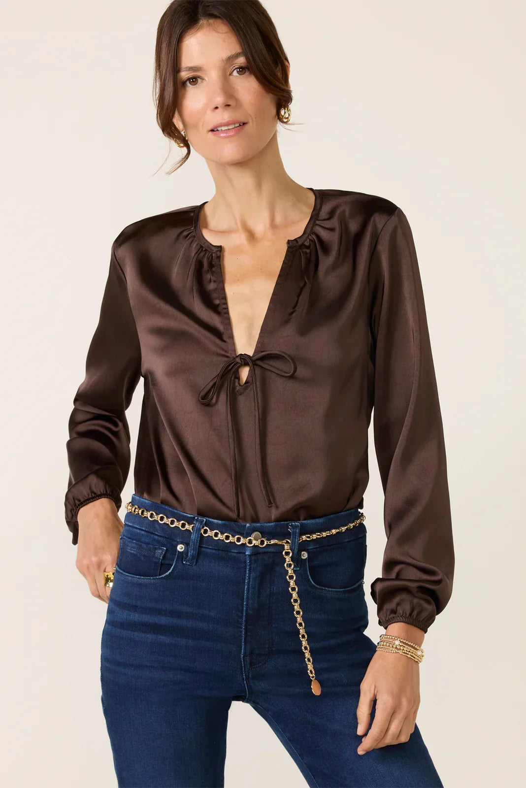 Satin V Neck Bow Top