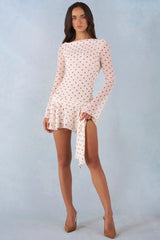 Long Sleeve Open Back Mini Dress in Ivory Polka Dot Print