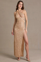 Embellished Asymmetric One Shoulder Maxi Dress in Beige Gold
